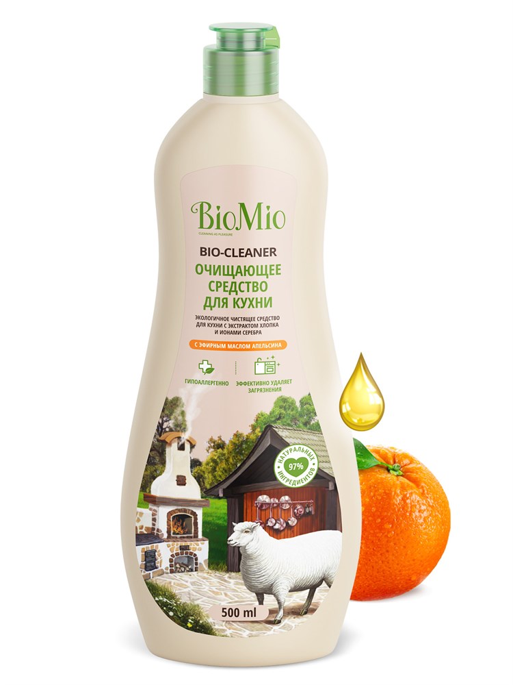 Антибактериальный чистящий крем д/кухни BioMio BIO-KITCHEN CLEANER с эфирным маслом АПЕЛЬСИНА, 0,5л