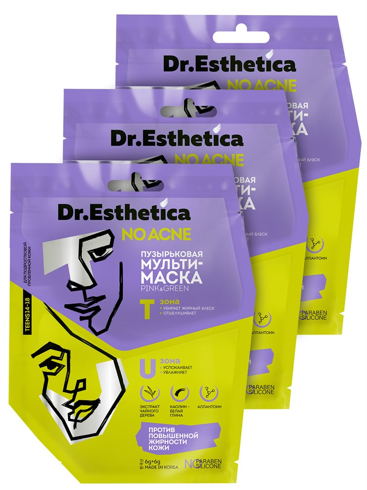 DR. ESTHETICA NO ACNE TEENS Пузырьковая мульти-маска PINK&GREEN 6+6 г 3 шт