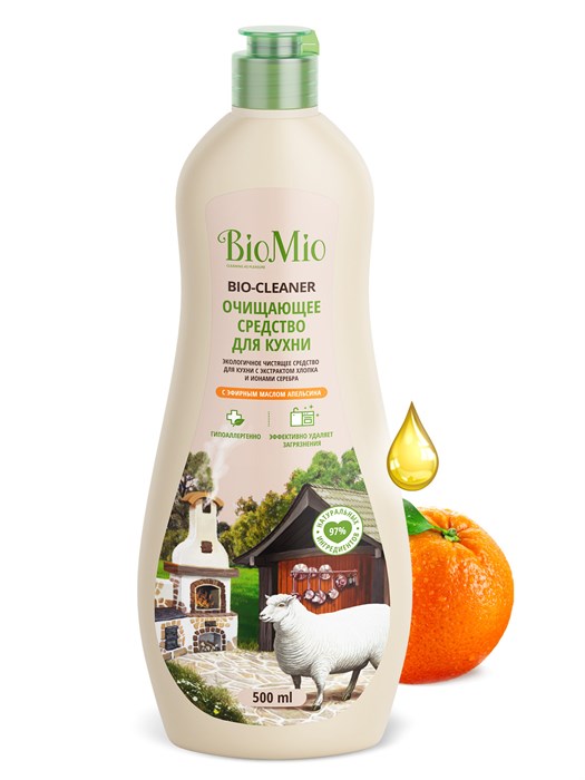 Антибактериальный чистящий крем д/кухни BioMio BIO-KITCHEN CLEANER с эфирным маслом АПЕЛЬСИНА, 0,5л - фото 14018